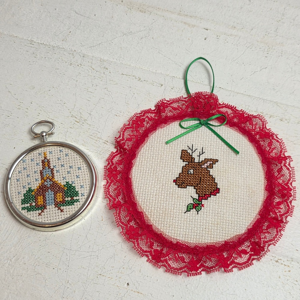 Vintage Handmade Cross Stitch Ornament Pair Church & Reindeer Christmas Holiday‎